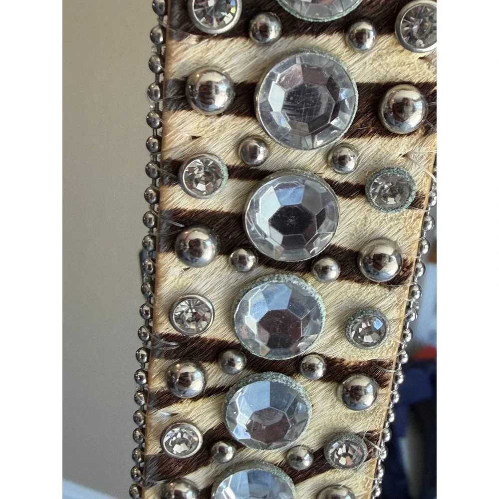 BHW Western Belt XL Zebra Print Rhinestone Extra Large Studded Calf Hair Leather